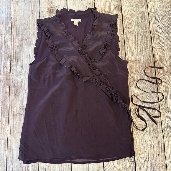 J Crew Sleeveless Wrap Blouse 4 Purple 100% Silk Ruffled Purple Office Holiday - Picture 5 of 8